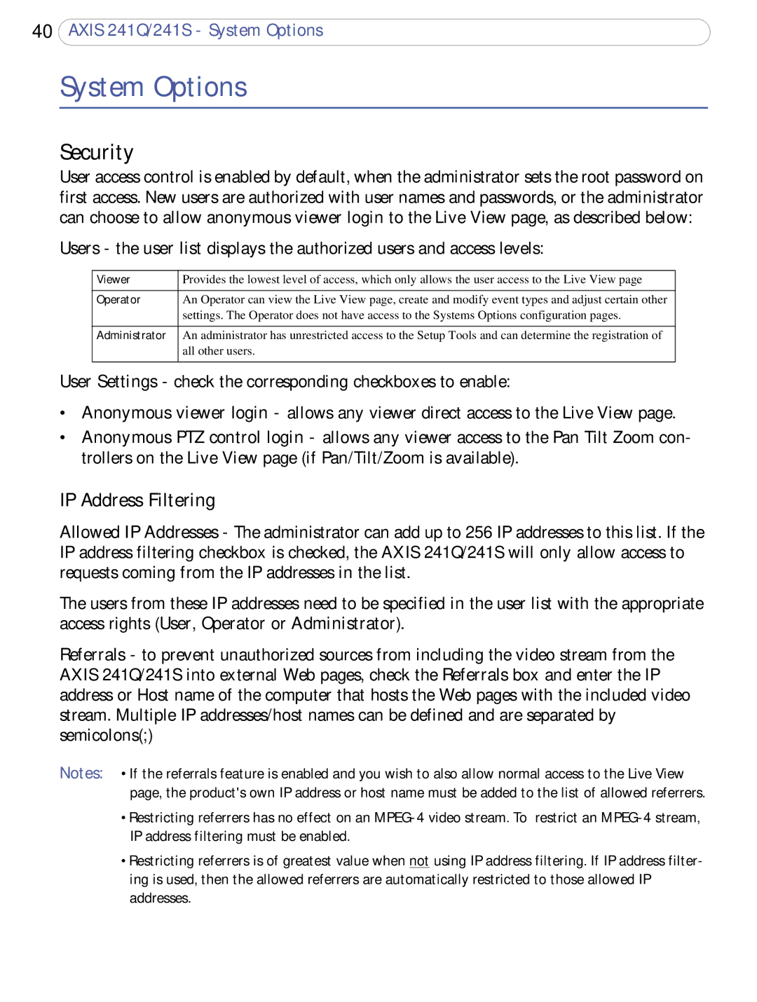 Axis Communications 241S, 241Q user manual System Options, Security, IP Address Filtering 