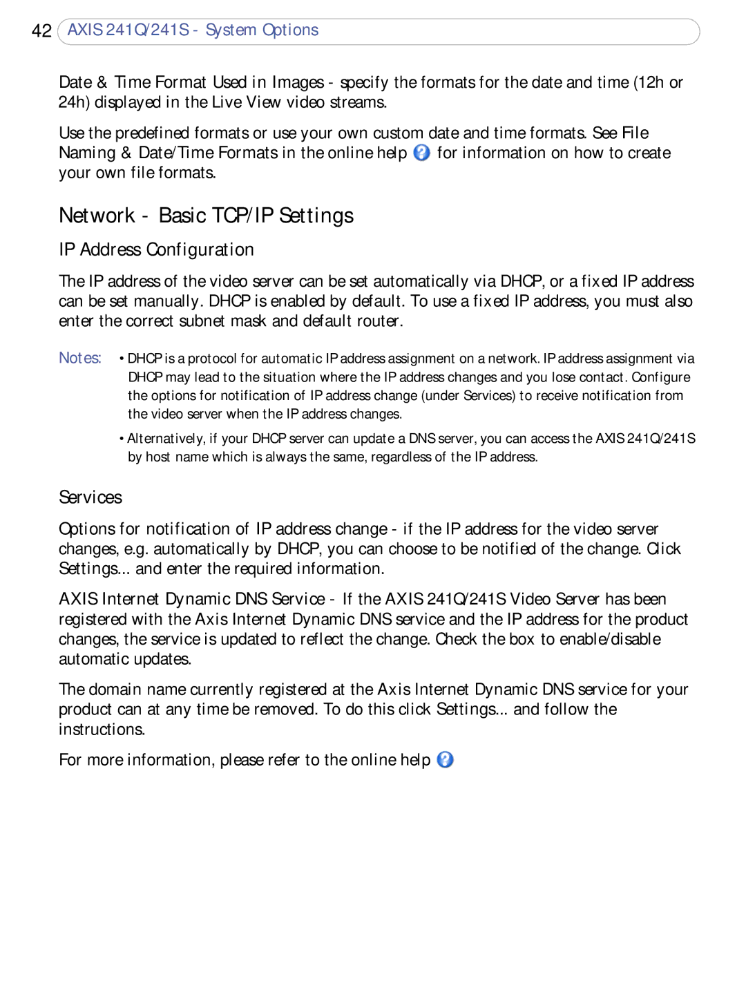 Axis Communications 241S, 241Q user manual Network Basic TCP/IP Settings, IP Address Configuration, Services 