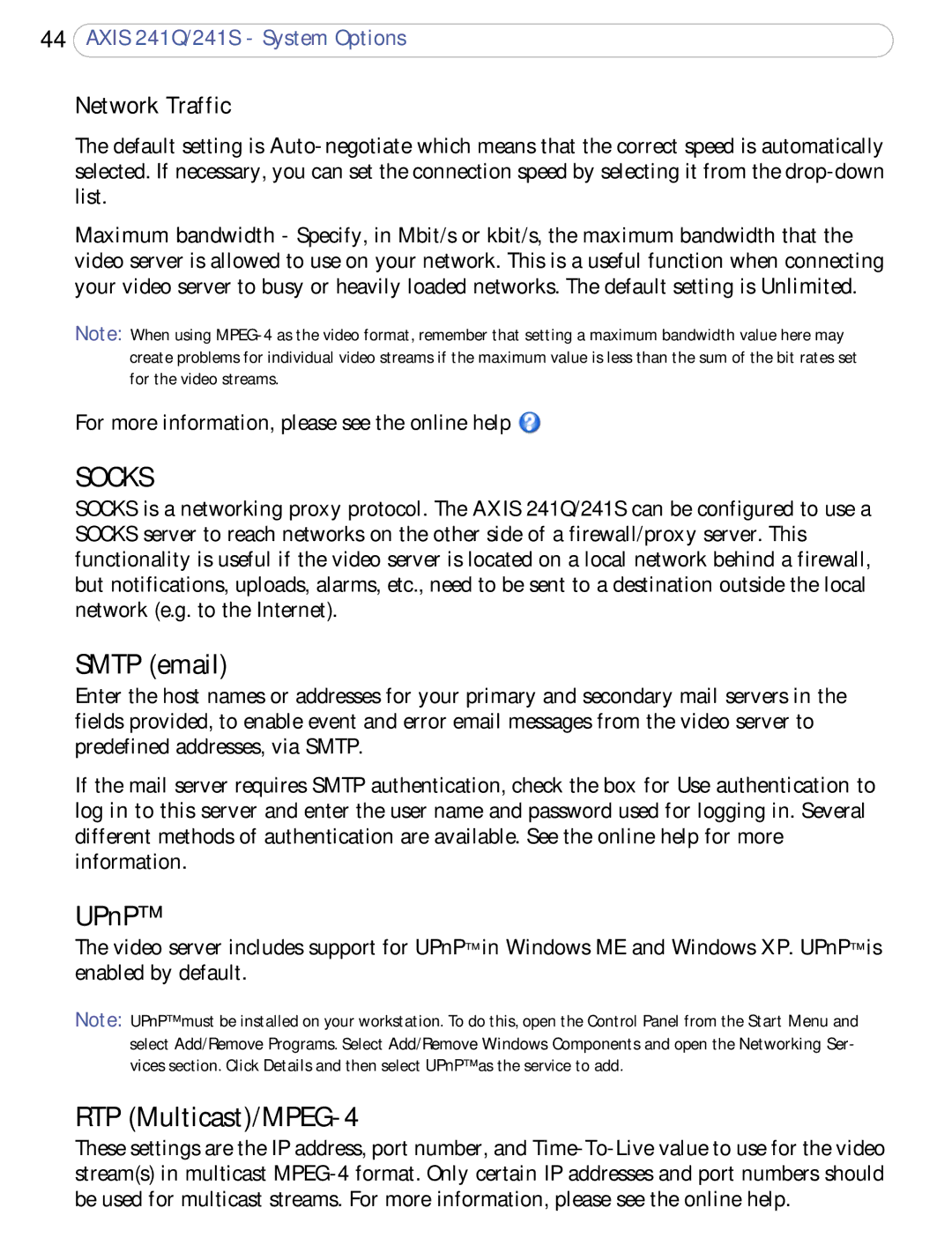 Axis Communications 241S, 241Q user manual Smtp email, RTP Multicast/MPEG-4, Network Traffic 