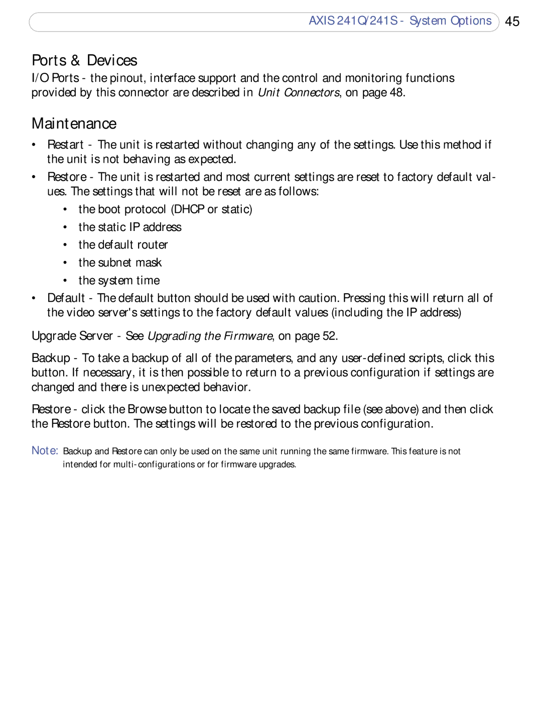 Axis Communications 241Q, 241S user manual Ports & Devices, Maintenance 