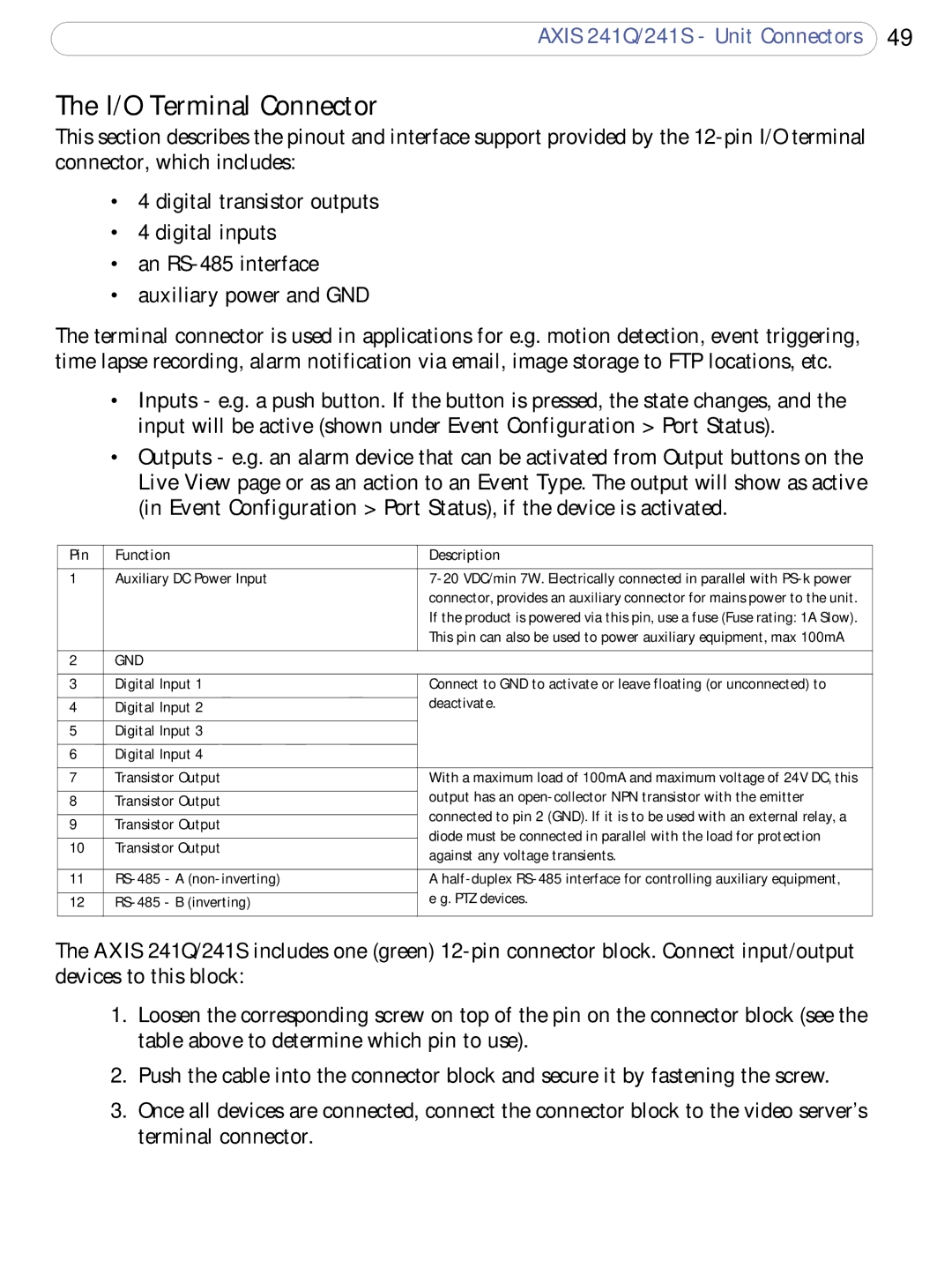 Axis Communications 241Q, 241S user manual I/O Terminal Connector, Pin Function Description 