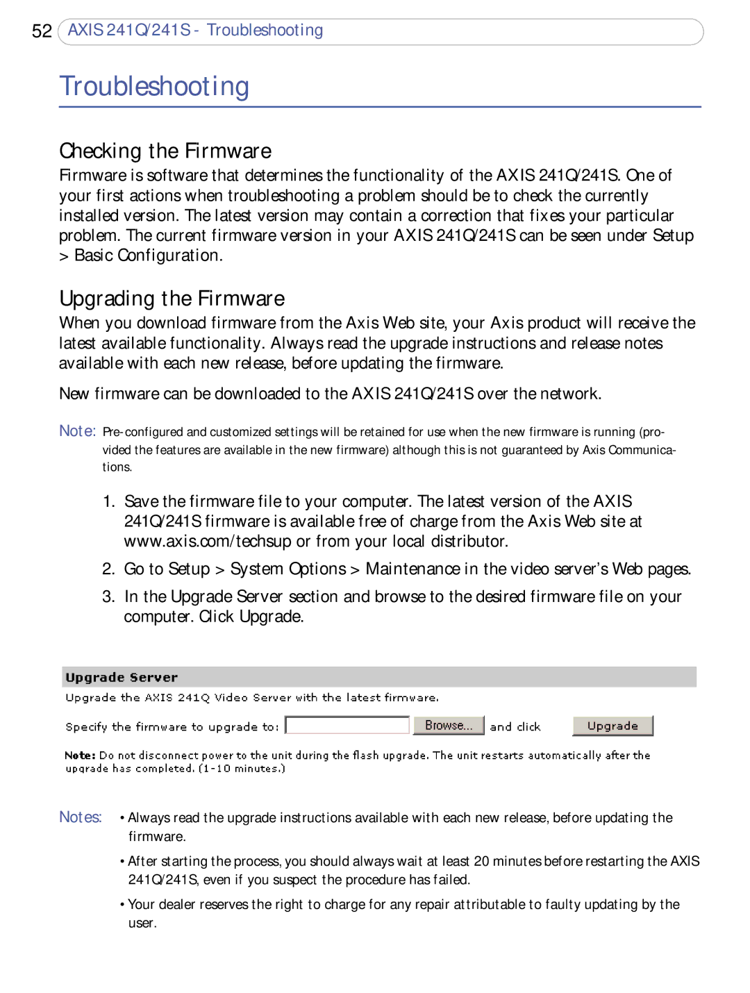 Axis Communications 241S, 241Q user manual Troubleshooting, Checking the Firmware, Upgrading the Firmware 