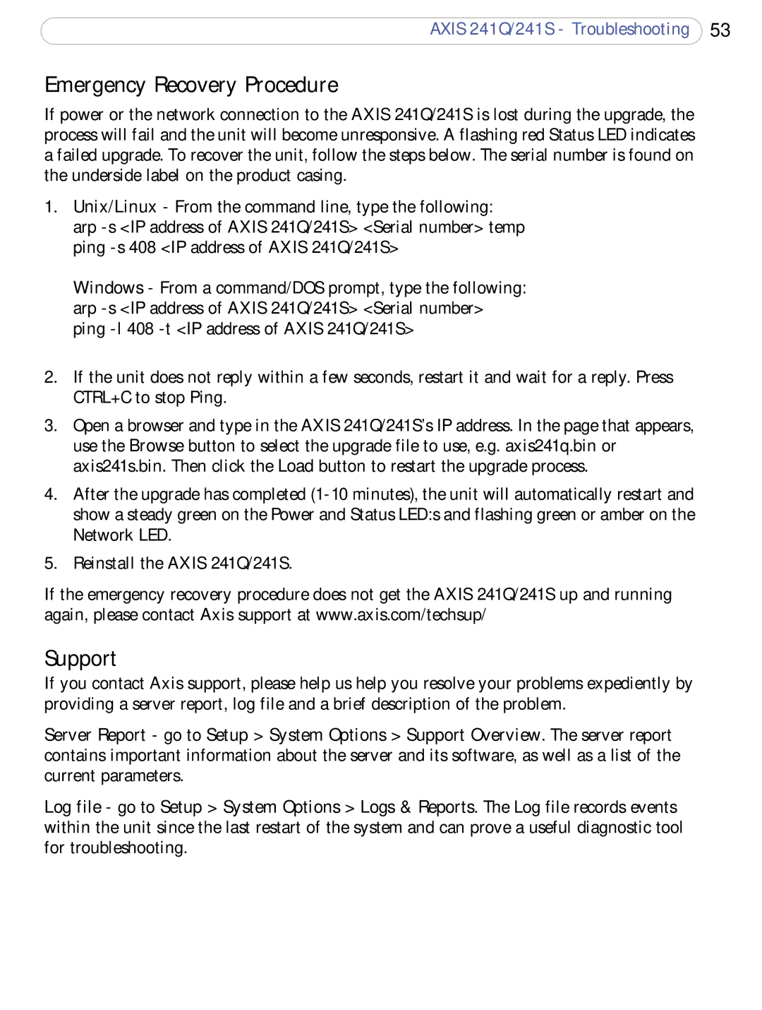 Axis Communications 241Q, 241S user manual Emergency Recovery Procedure, Support 