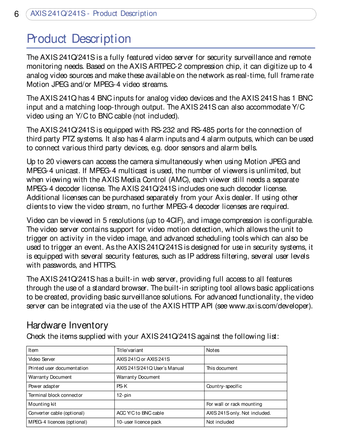 Axis Communications 241S, 241Q user manual Product Description, Hardware Inventory 