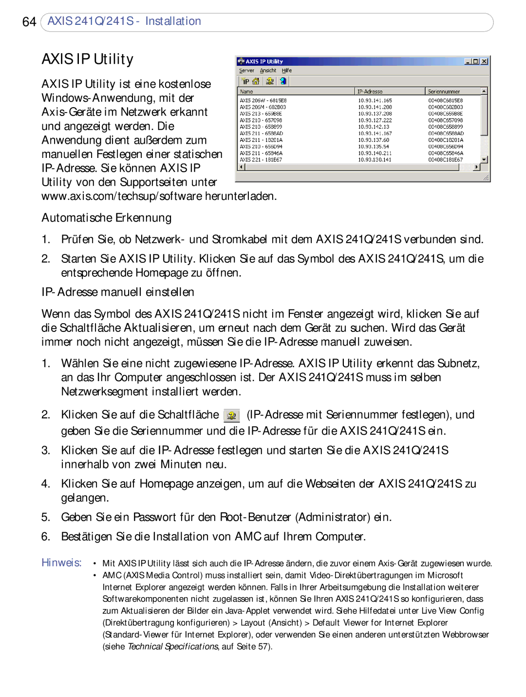 Axis Communications 241S, 241Q user manual Automatische Erkennung, IP-Adresse manuell einstellen 