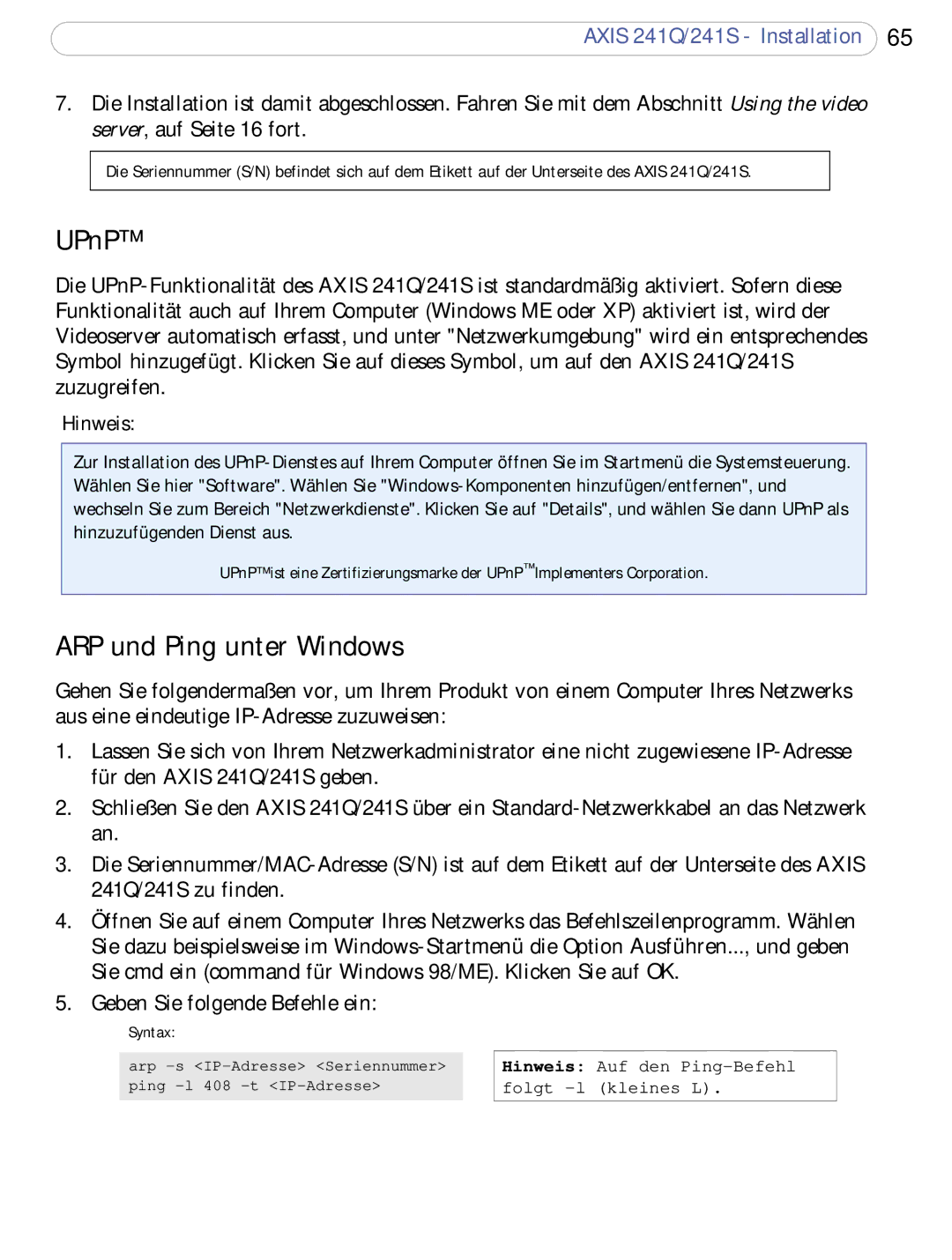 Axis Communications 241Q, 241S user manual ARP und Ping unter Windows, Hinweis 