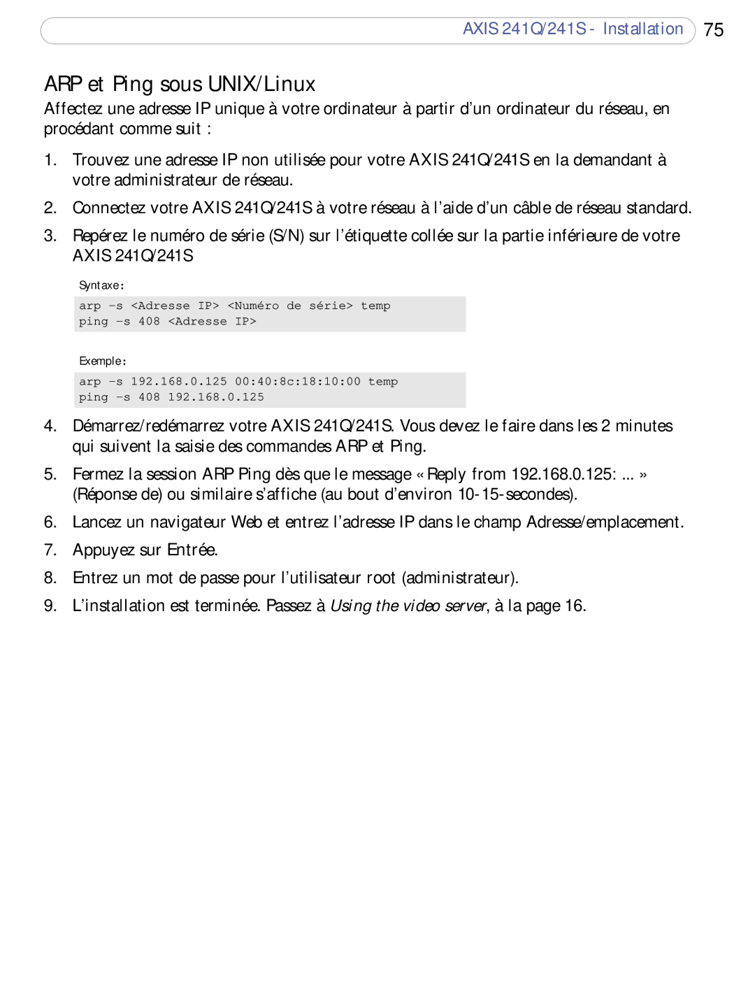 Axis Communications 241Q, 241S user manual ARP et Ping sous UNIX/Linux 