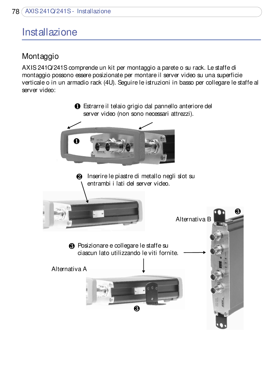 Axis Communications 241S, 241Q user manual Installazione, Montaggio 