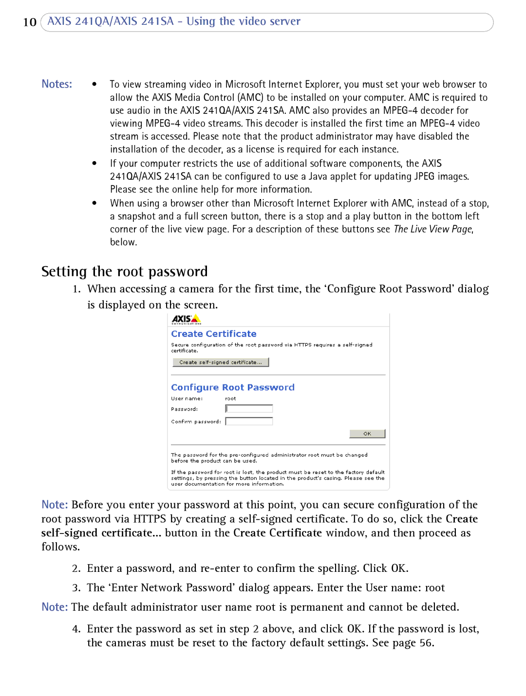 Axis Communications 241SA user manual Setting the root password, Please see the online help for more information 