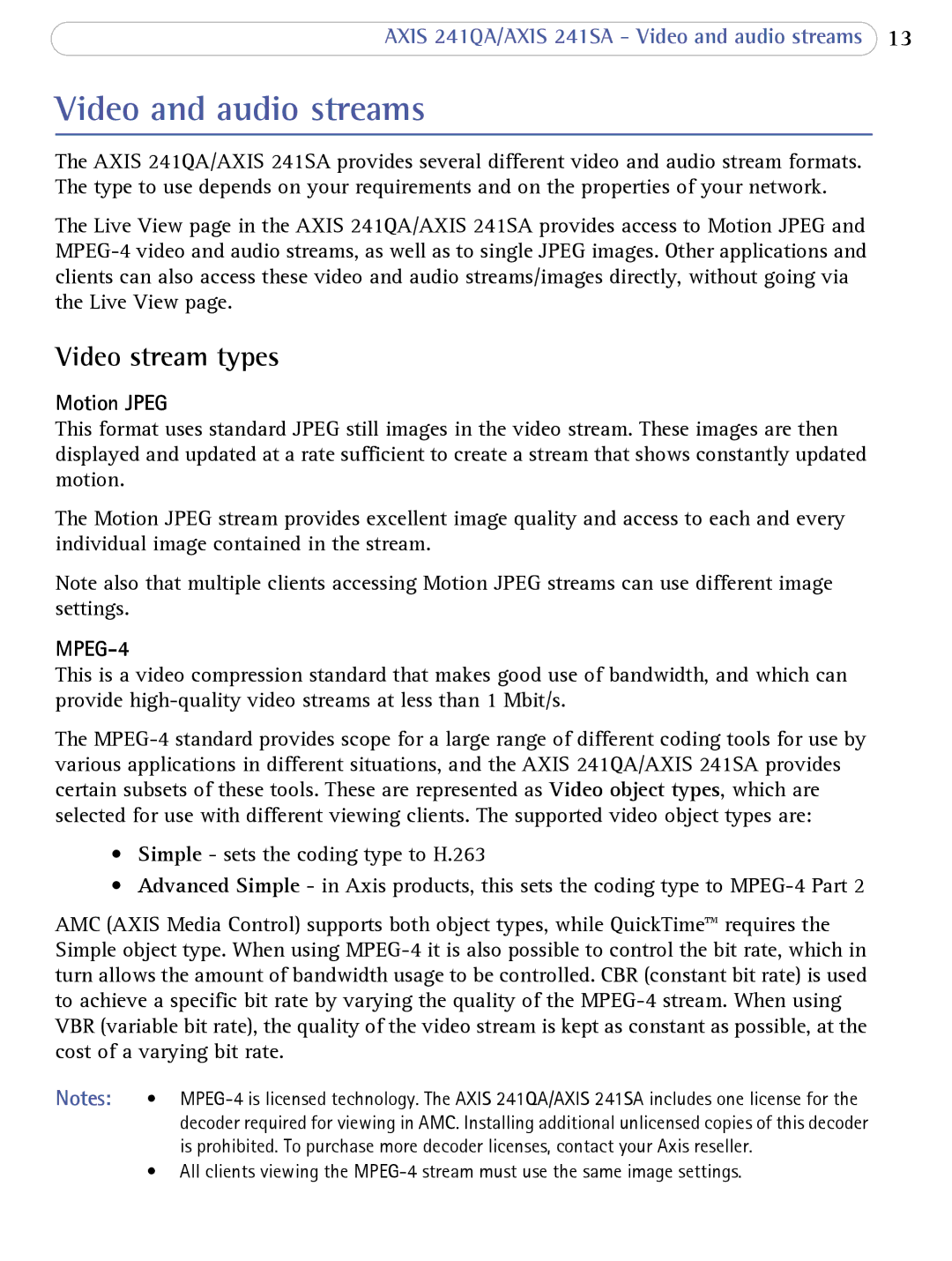 Axis Communications 241SA user manual Video and audio streams, Video stream types, Motion Jpeg, MPEG-4 