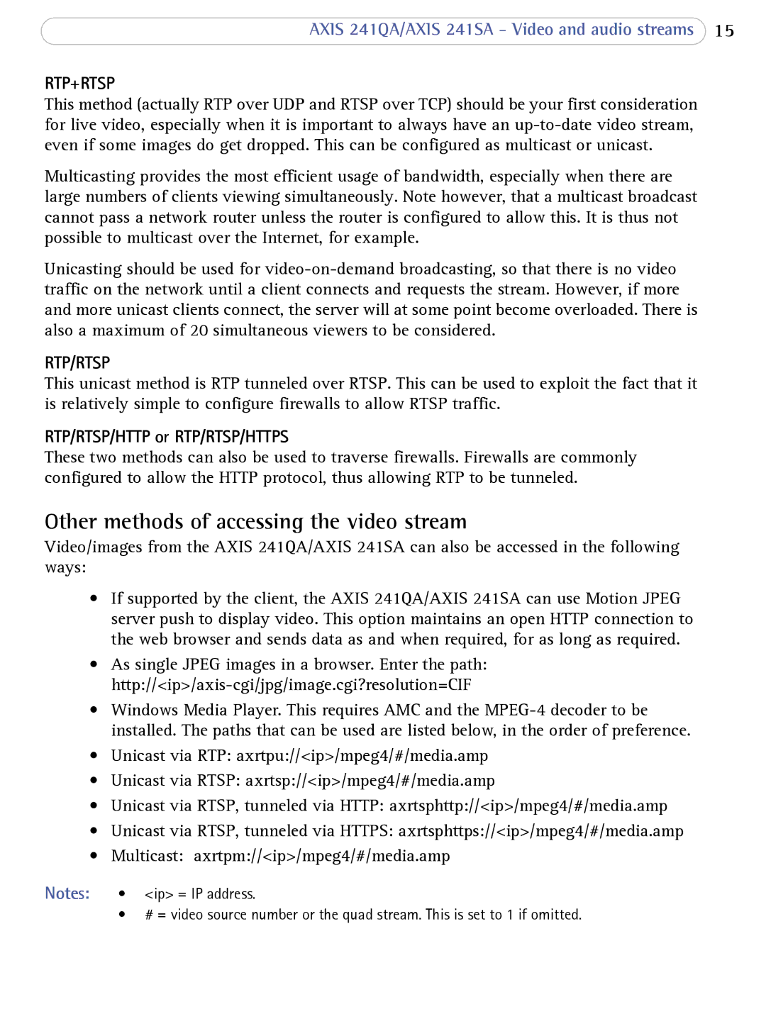 Axis Communications 241SA Other methods of accessing the video stream, Rtp+Rtsp, Rtp/Rtsp, RTP/RTSP/HTTP or RTP/RTSP/HTTPS 