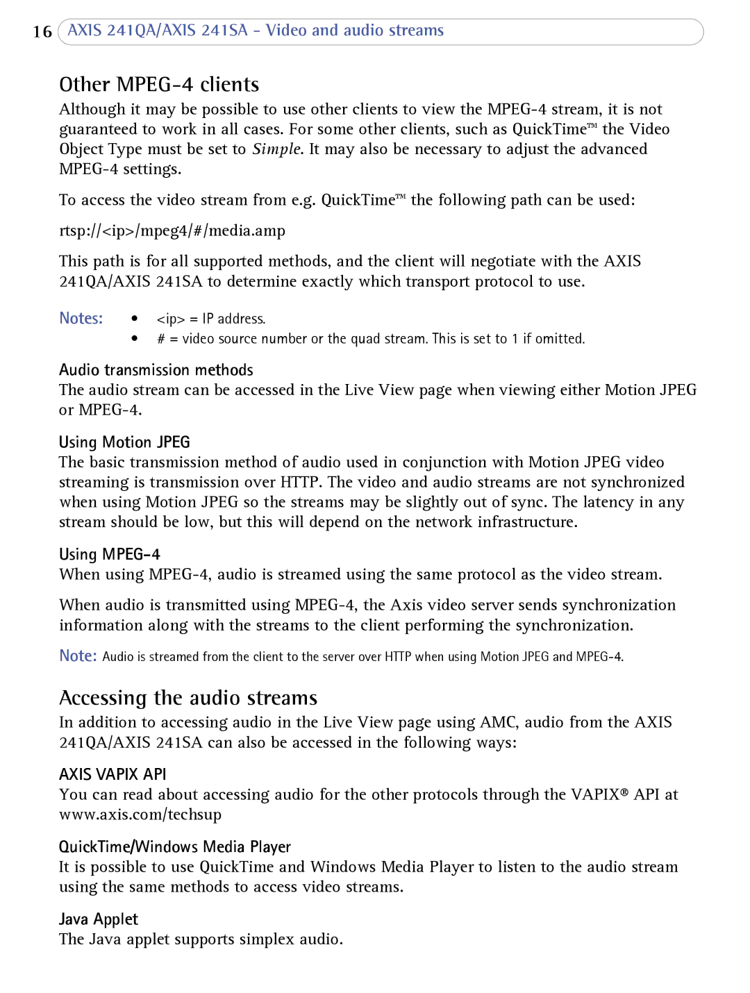 Axis Communications 241SA user manual Other MPEG-4 clients, Accessing the audio streams, Axis Vapix API 