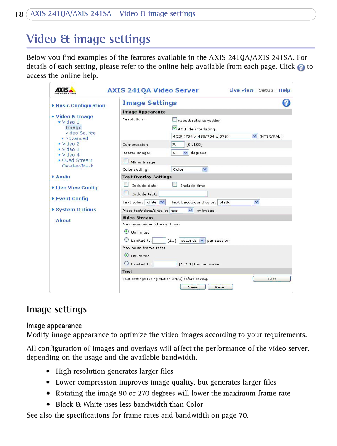 Axis Communications 241SA user manual Video & image settings, Image settings, Image appearance 