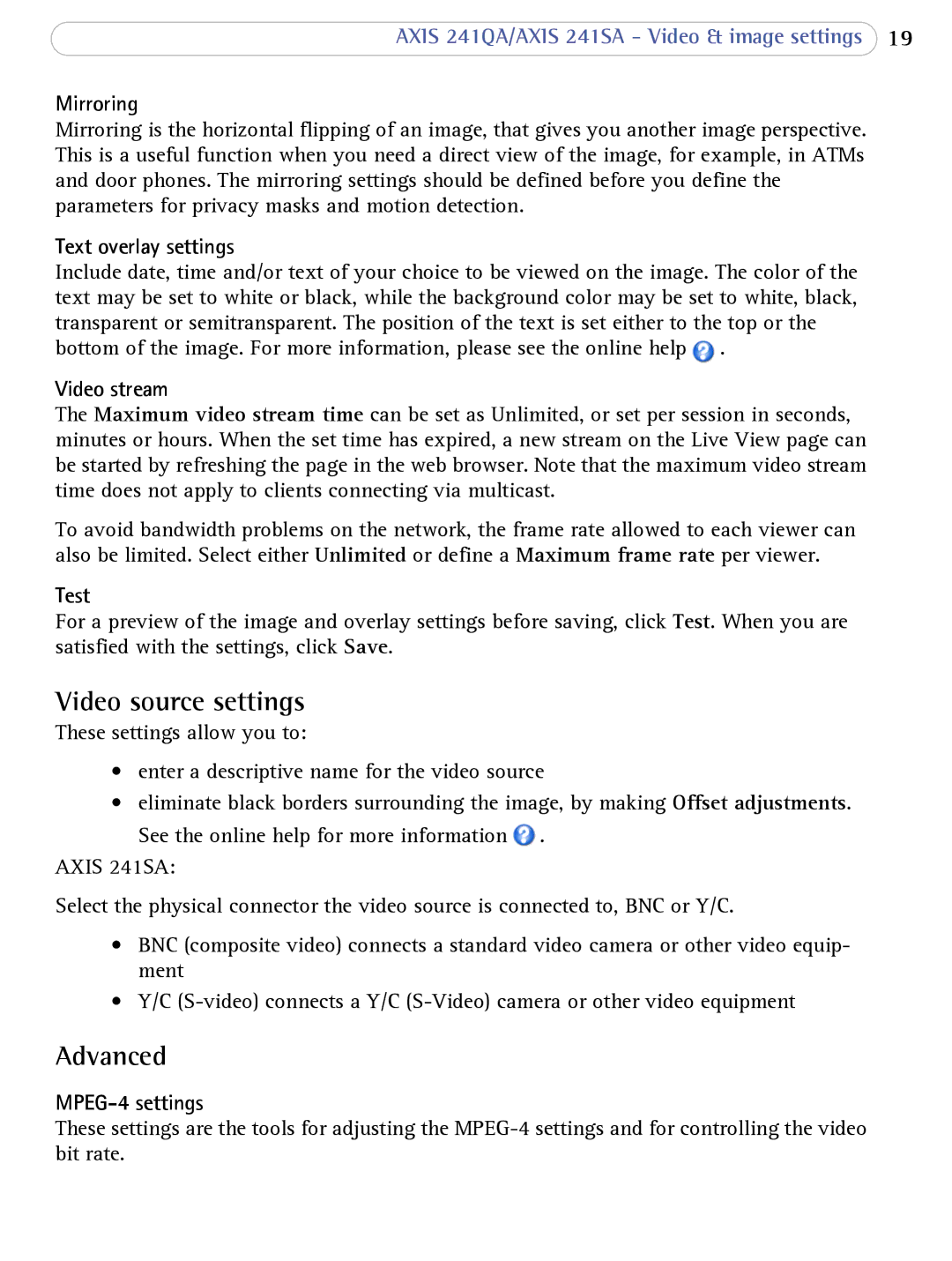 Axis Communications 241SA user manual Video source settings, Advanced 