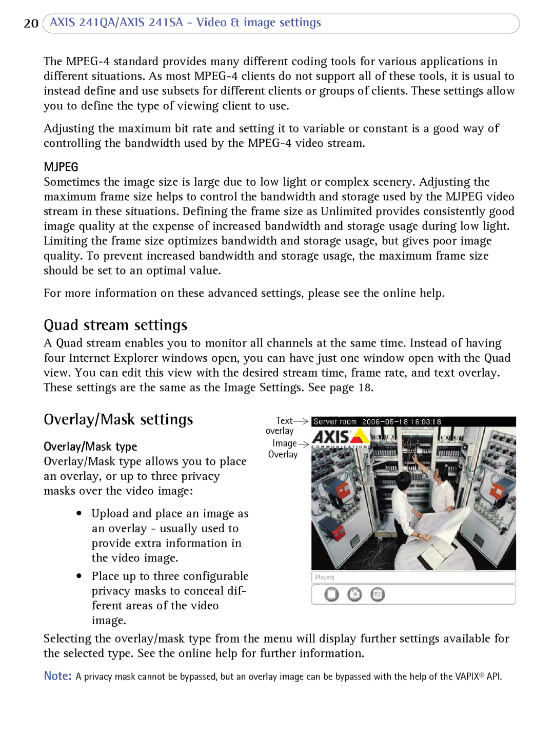 Axis Communications 241SA user manual Quad stream settings, Overlay/Mask settings, Mjpeg, Overlay/Mask type 