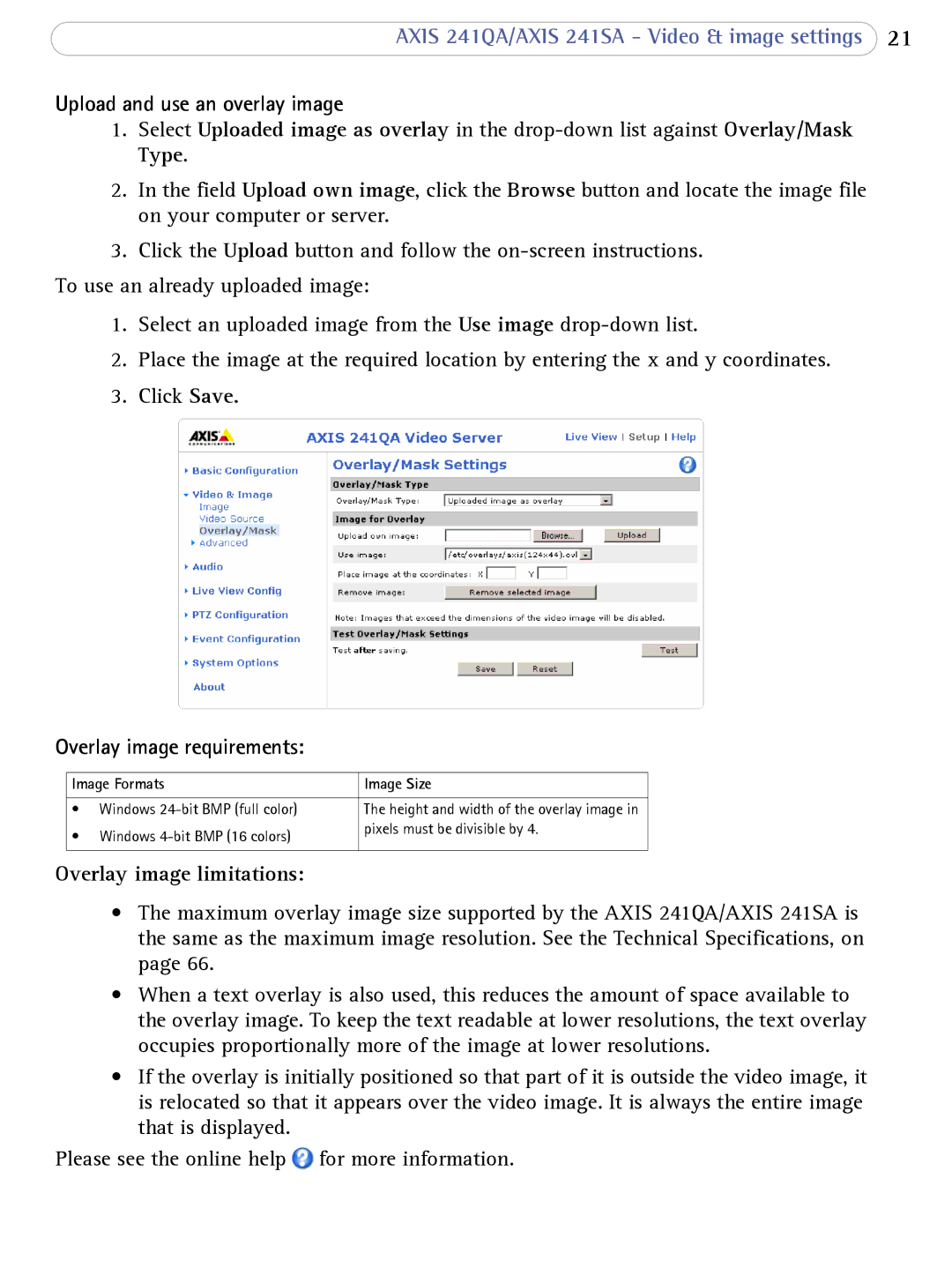 Axis Communications 241SA Upload and use an overlay image, Overlay image requirements, Overlay image limitations 