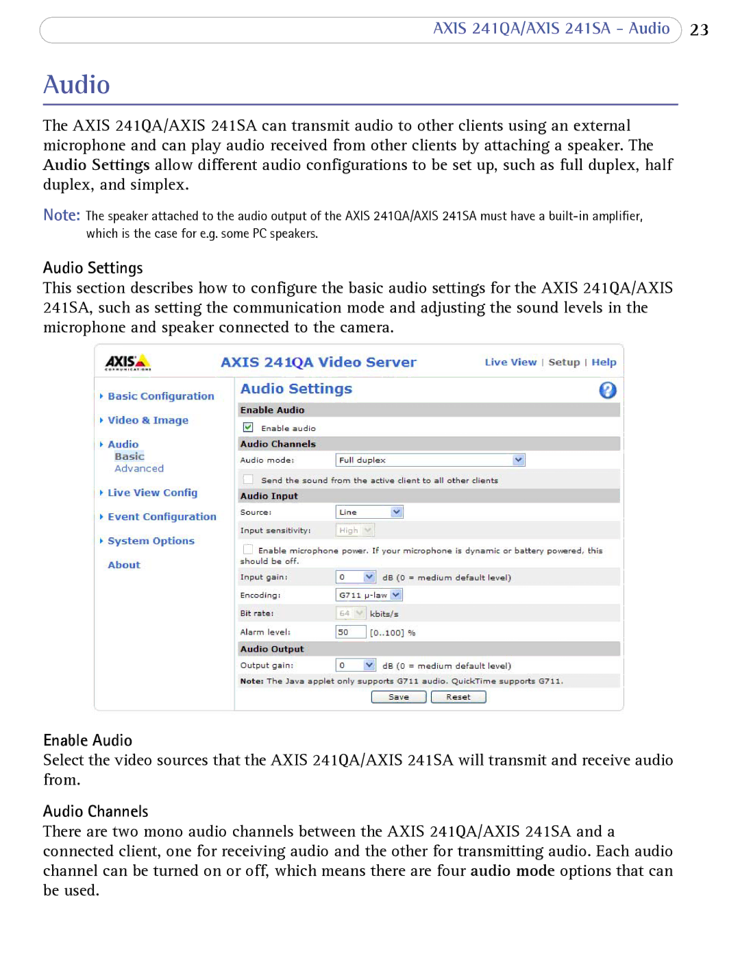 Axis Communications 241SA user manual Audio Settings, Enable Audio, Audio Channels 