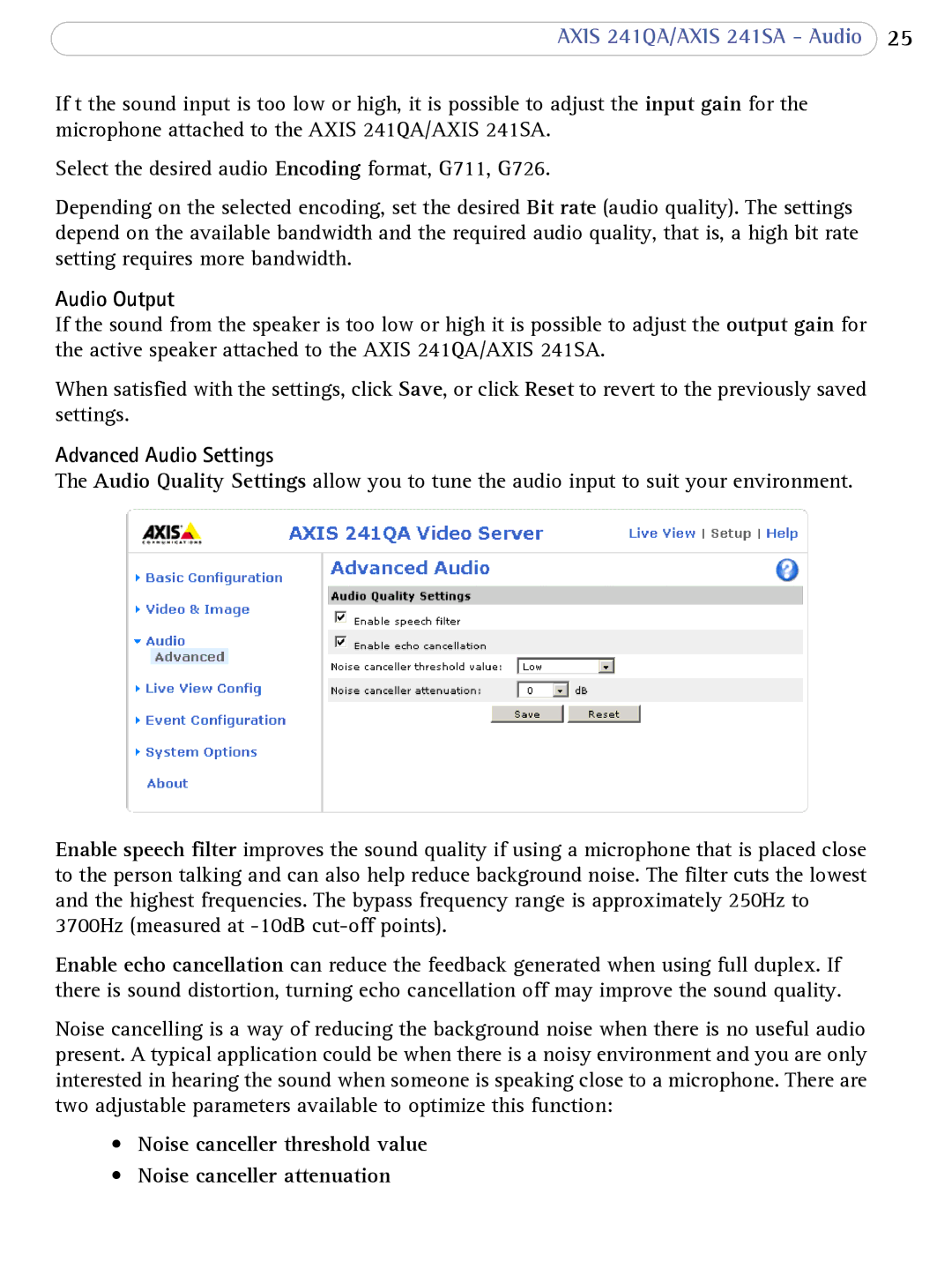 Axis Communications 241SA user manual Audio Output, Advanced Audio Settings 