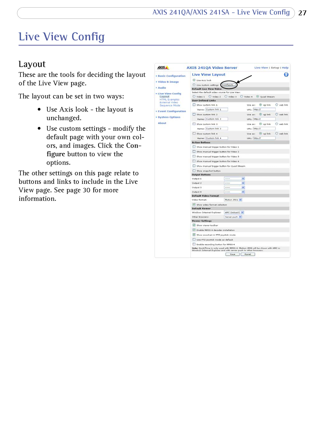 Axis Communications 241SA user manual Live View Config, Layout 