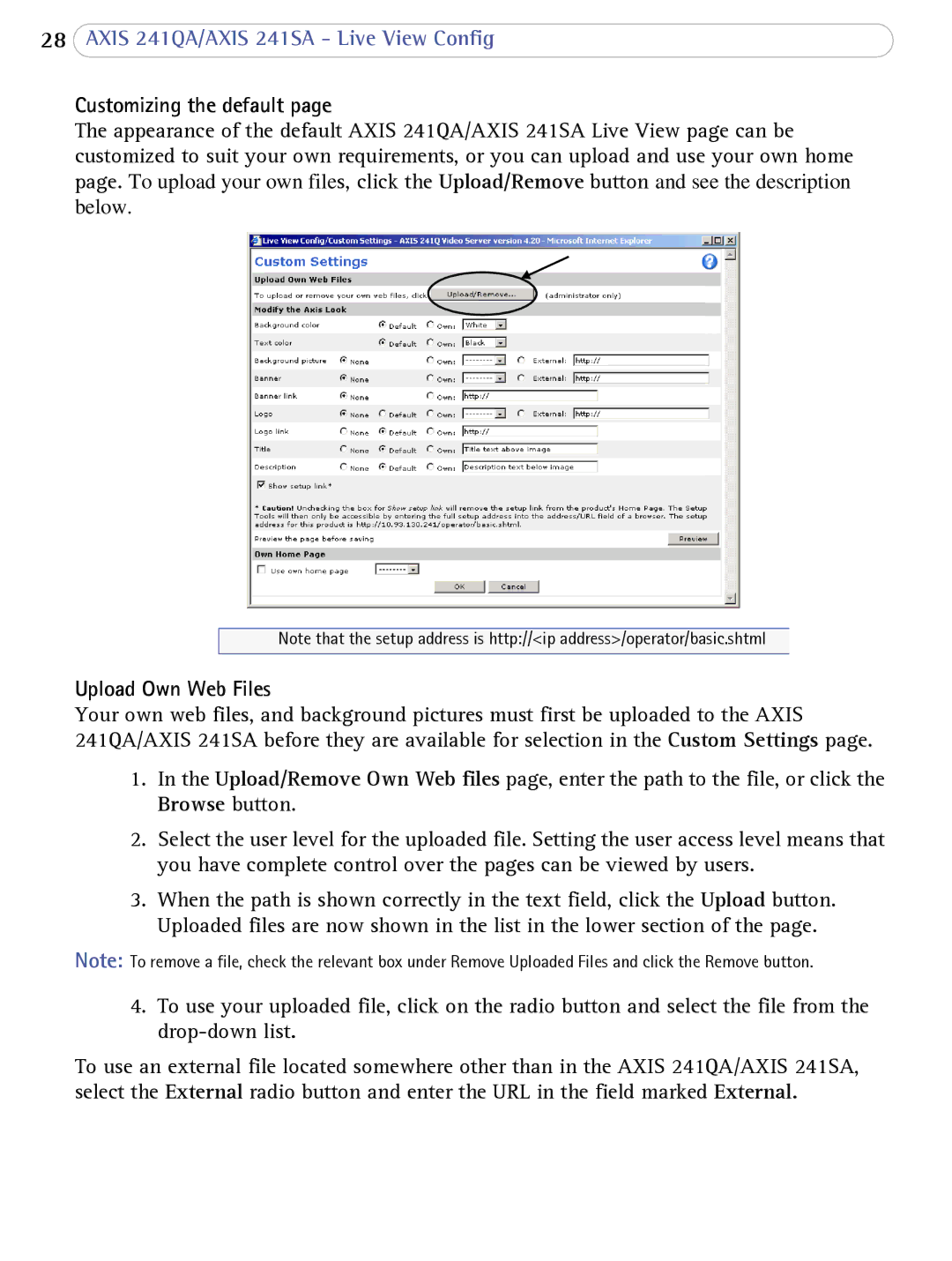 Axis Communications 241SA user manual Customizing the default, Upload Own Web Files 