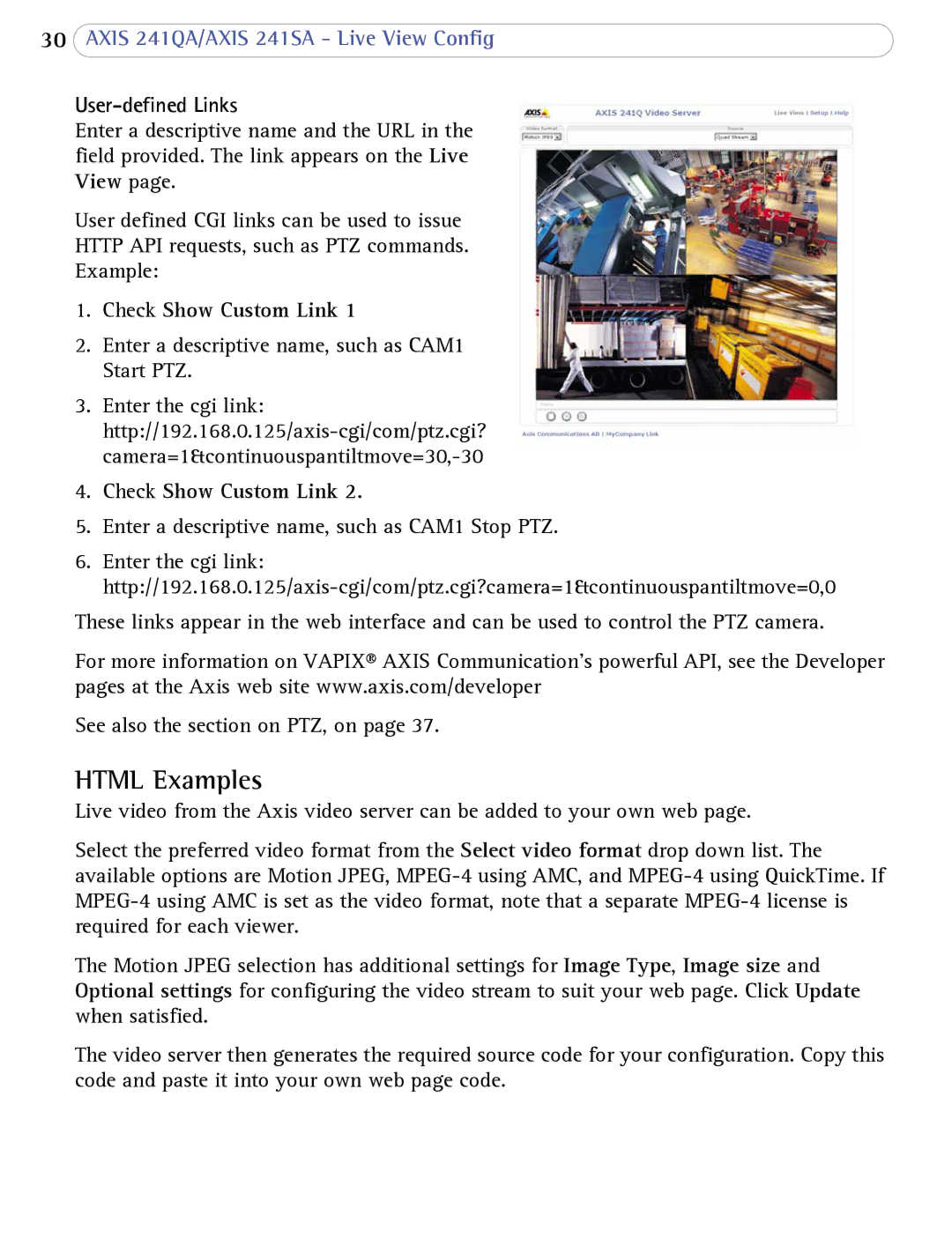 Axis Communications 241SA user manual Html Examples, User-defined Links, Check Show Custom Link 