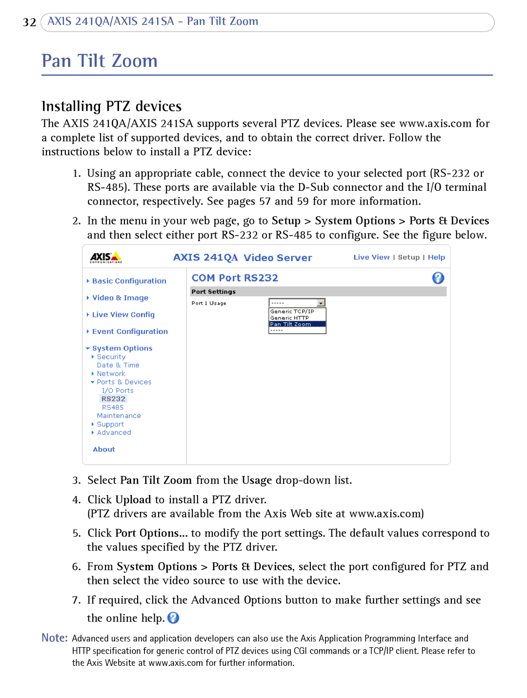 Axis Communications 241SA user manual Pan Tilt Zoom, Installing PTZ devices 