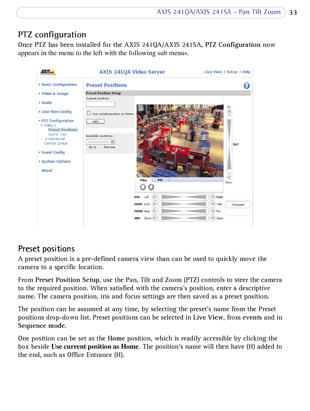 Axis Communications 241SA user manual PTZ configuration, Preset positions 