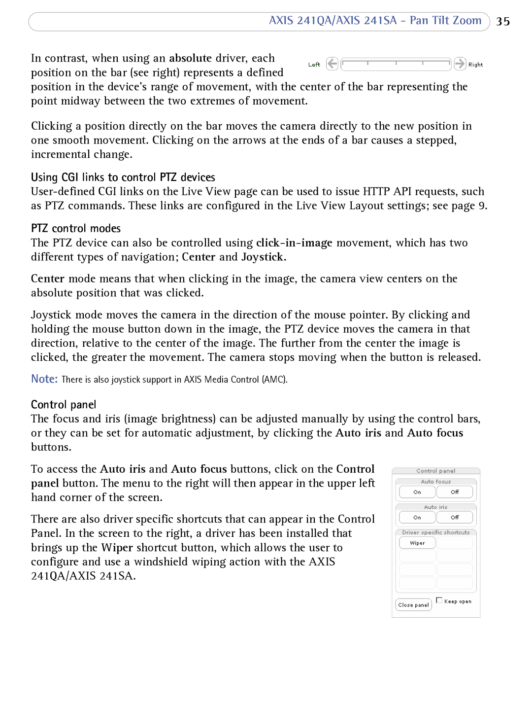 Axis Communications 241SA user manual Using CGI links to control PTZ devices, PTZ control modes, Control panel 