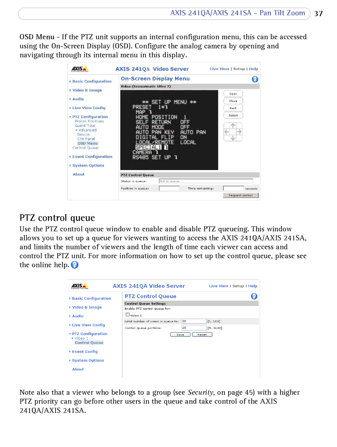 Axis Communications 241SA user manual PTZ control queue 