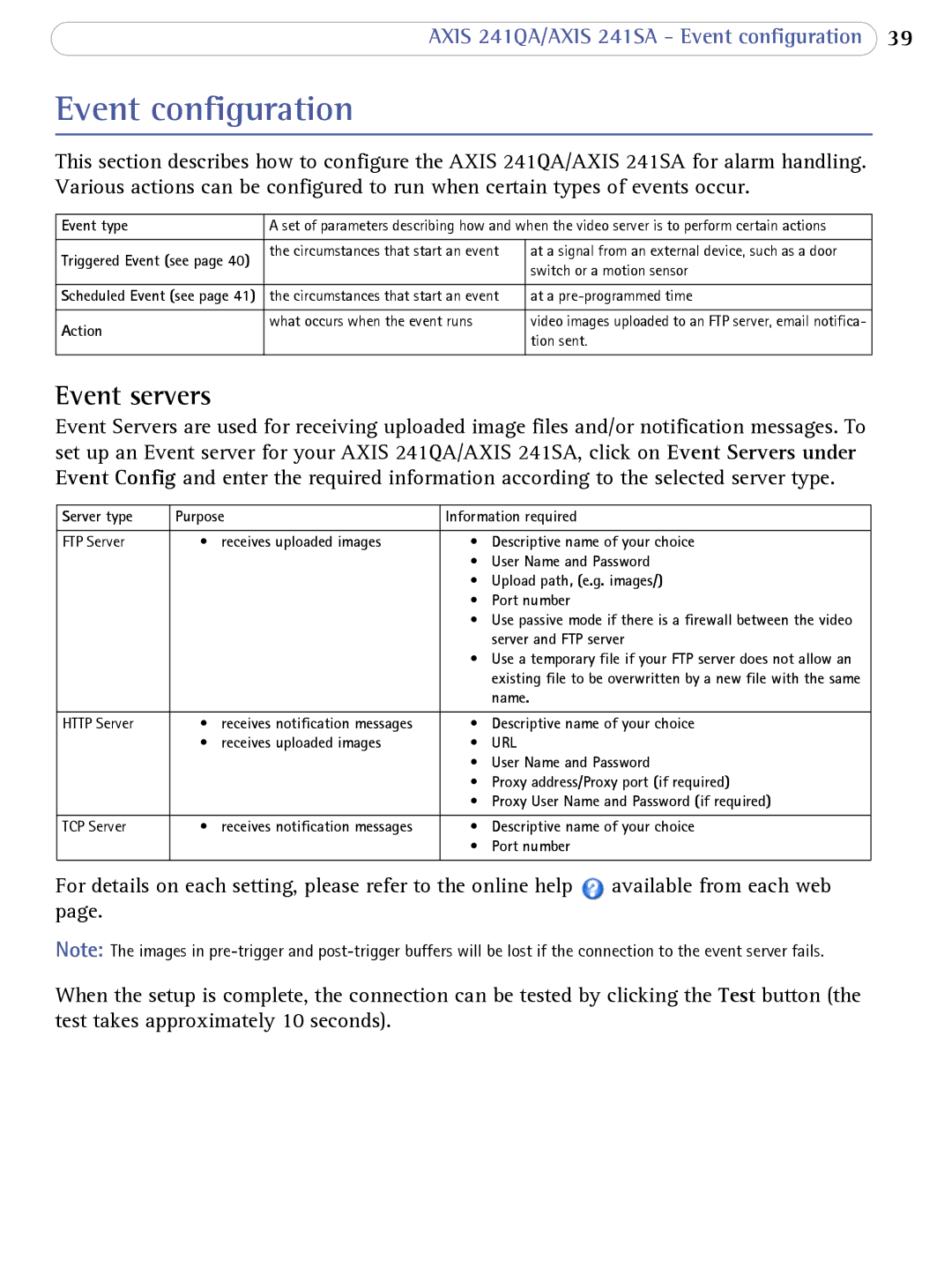 Axis Communications 241SA user manual Event configuration, Event servers 