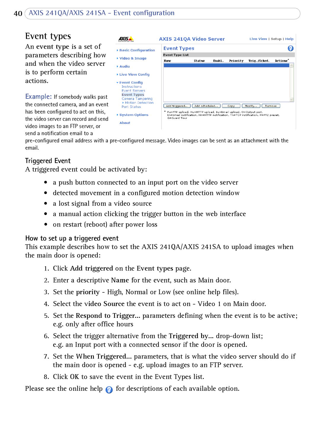 Axis Communications 241SA user manual Event types, Triggered Event, How to set up a triggered event 