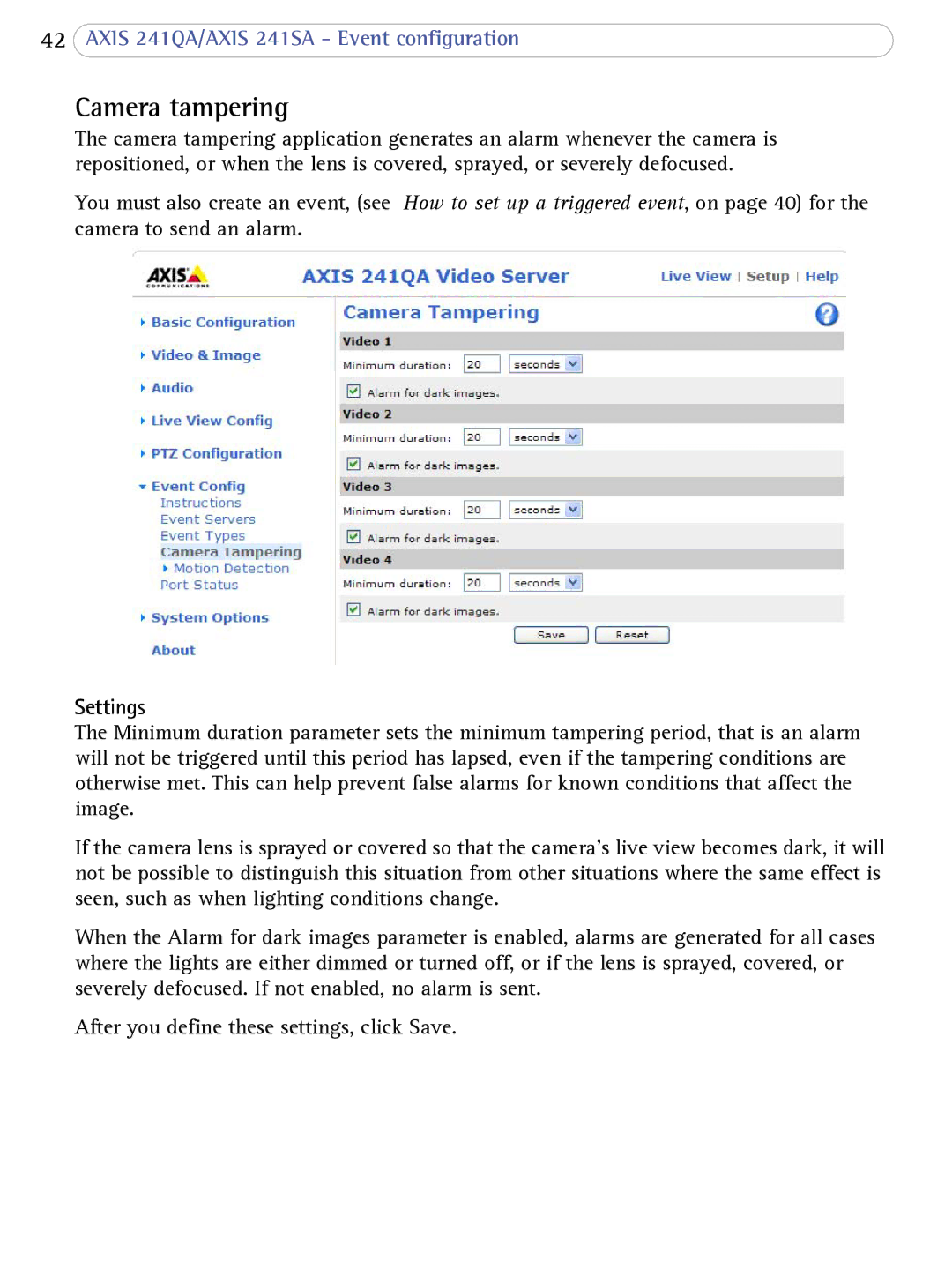 Axis Communications 241SA user manual Camera tampering, Settings 