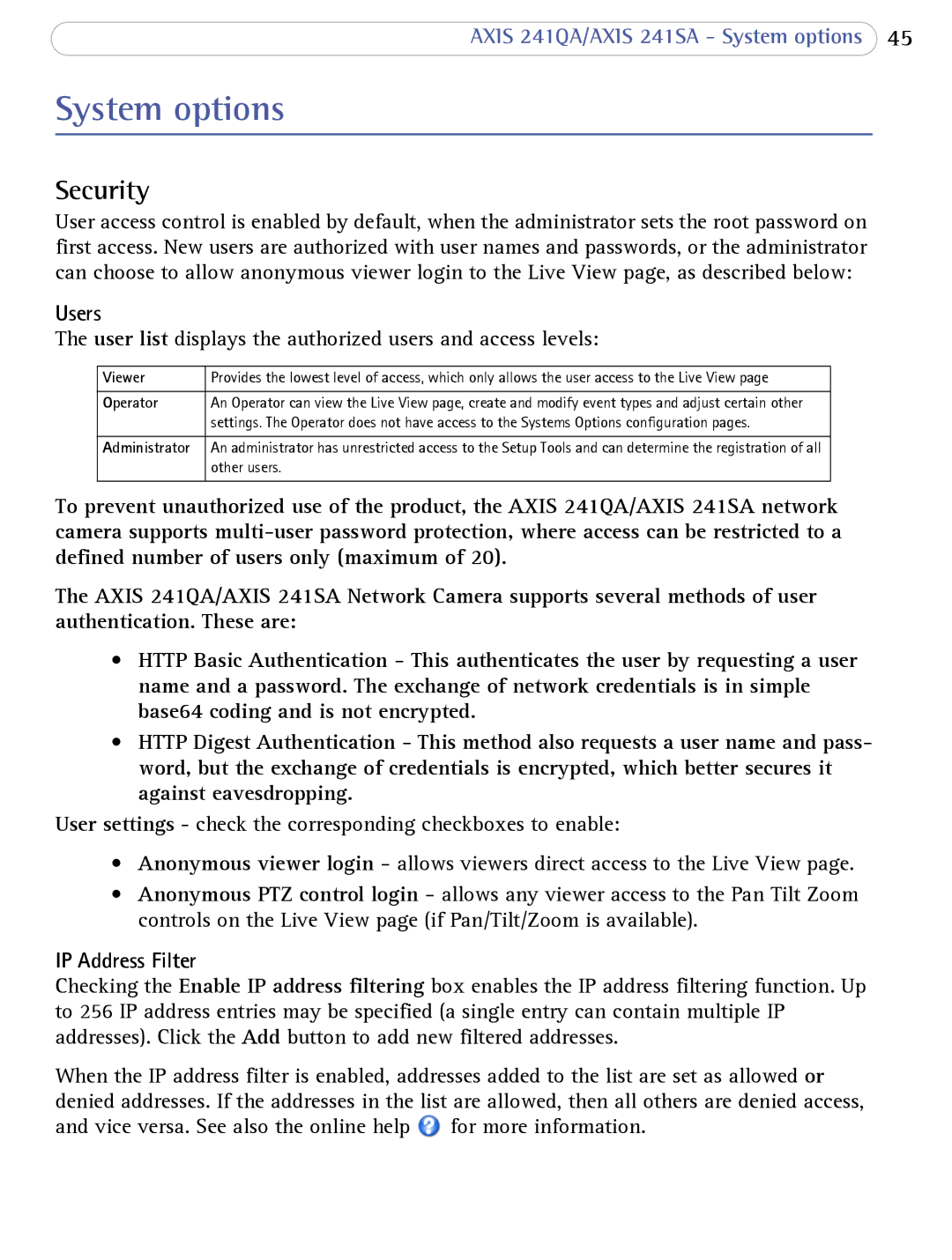 Axis Communications 241SA user manual System options, Security, Users, IP Address Filter 