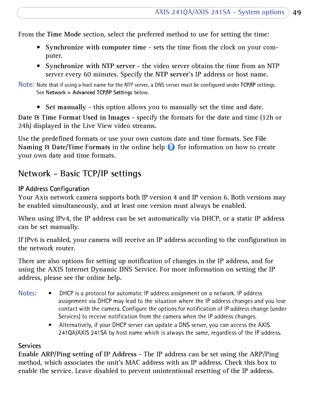 Axis Communications 241SA user manual Network Basic TCP/IP settings, IP Address Configuration, Services 