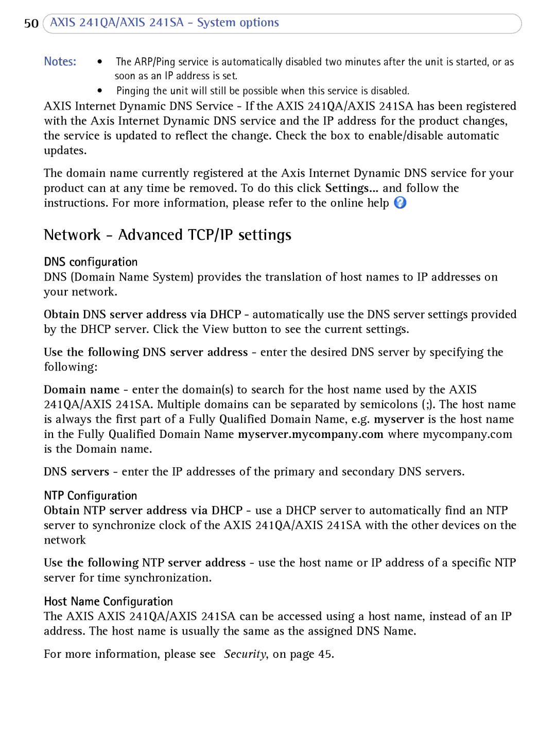 Axis Communications 241SA Network Advanced TCP/IP settings, DNS configuration, NTP Configuration, Host Name Configuration 