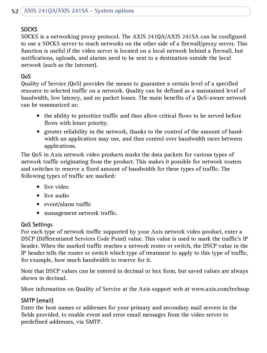 Axis Communications 241SA user manual Socks, QoS Settings, Smtp email 