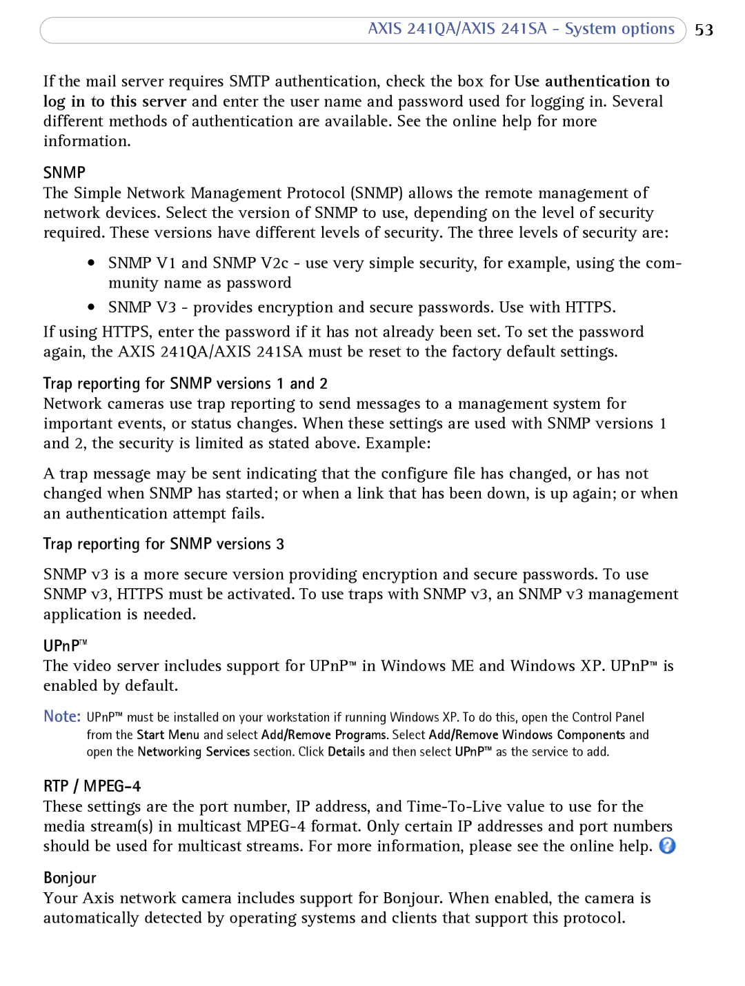 Axis Communications 241SA user manual Snmp, RTP / MPEG-4 