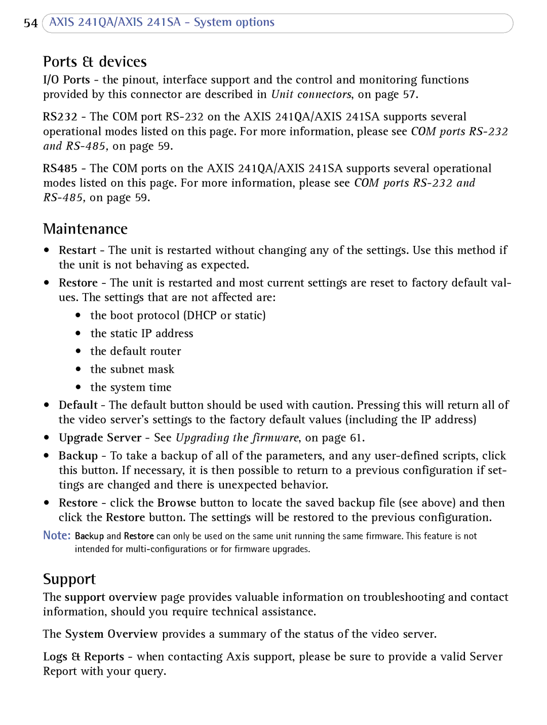 Axis Communications 241SA user manual Ports & devices, Maintenance, Support 