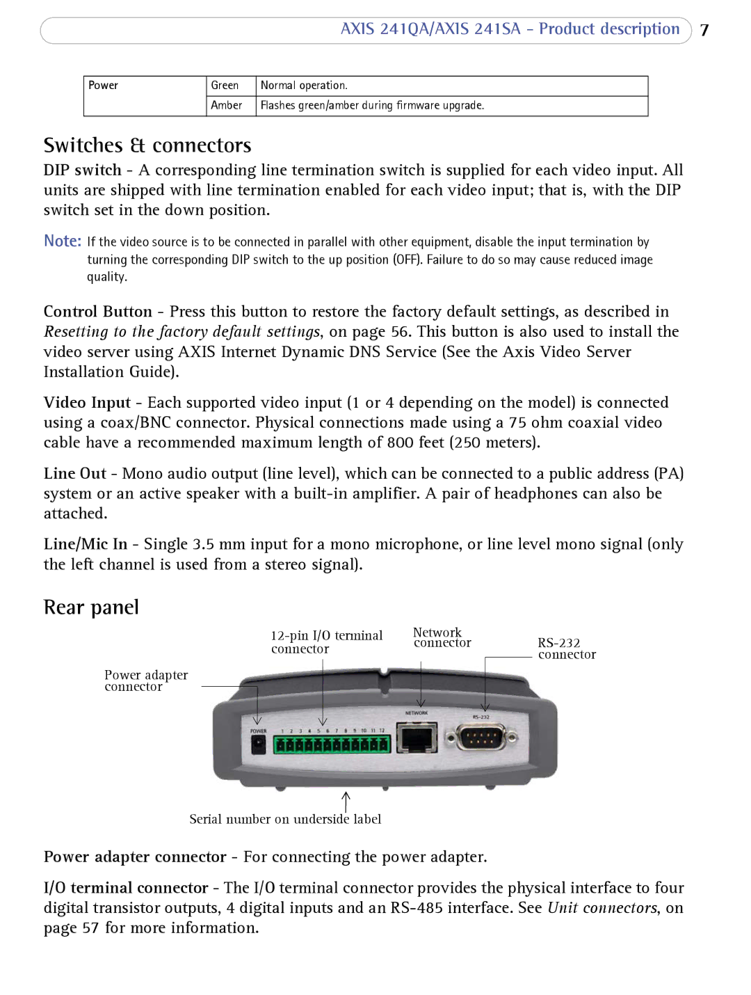 Axis Communications 241SA user manual Switches & connectors, Rear panel, Power 