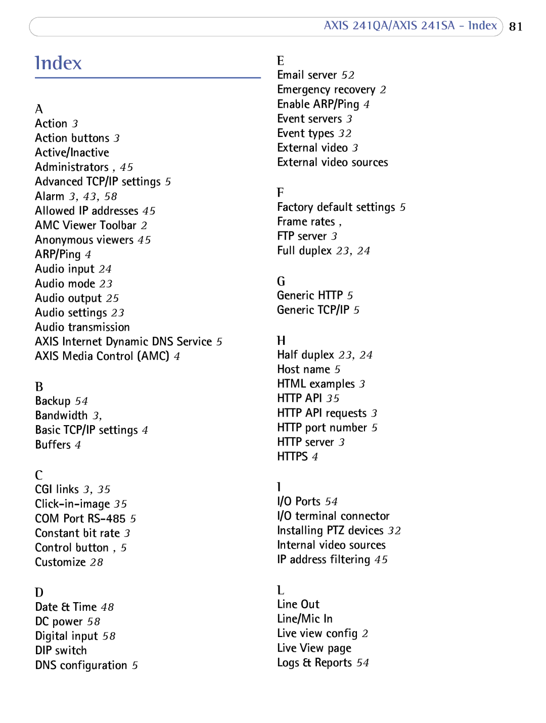 Axis Communications 241SA user manual Index, Action, Http API requests Http port number Http server 