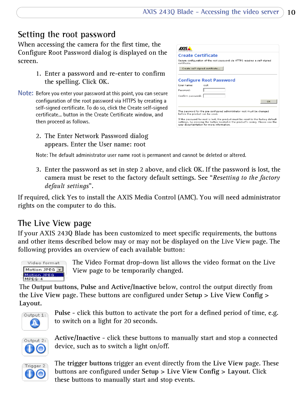 Axis Communications 243Q Blade user manual Setting the root password, Live View, Layout 