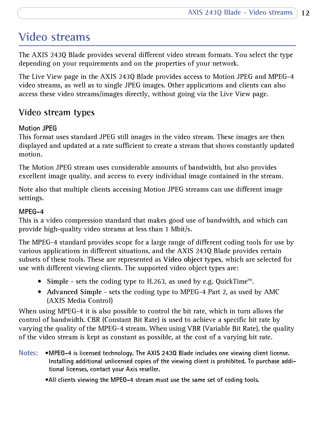 Axis Communications 243Q Blade user manual Video streams, Video stream types, Motion Jpeg 