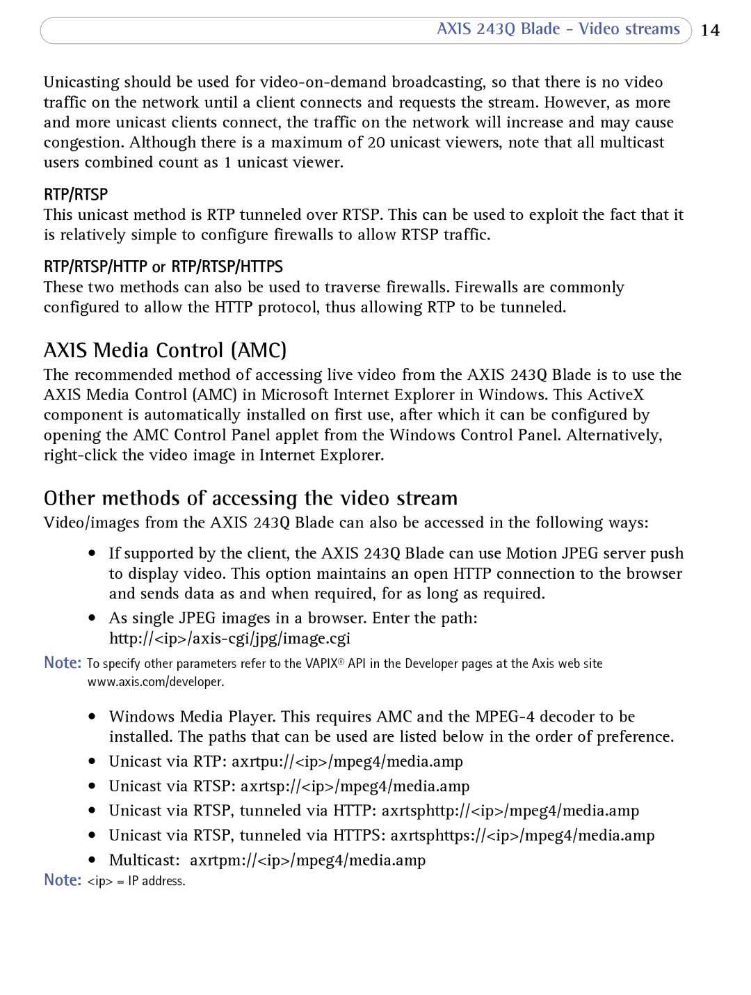 Axis Communications 243Q Blade user manual Axis Media Control AMC, Other methods of accessing the video stream 