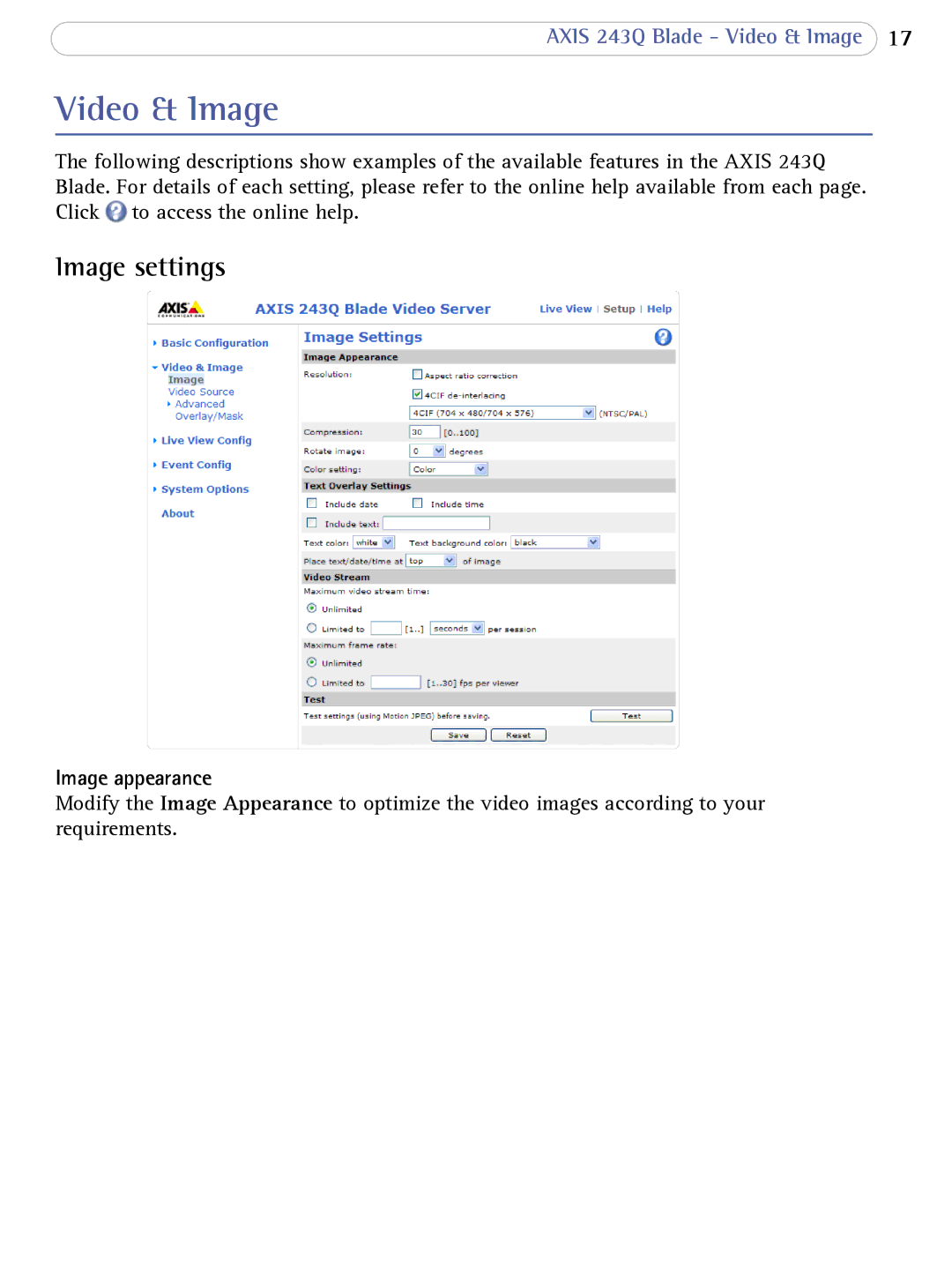 Axis Communications 243Q Blade user manual Video & Image, Image settings, Image appearance 