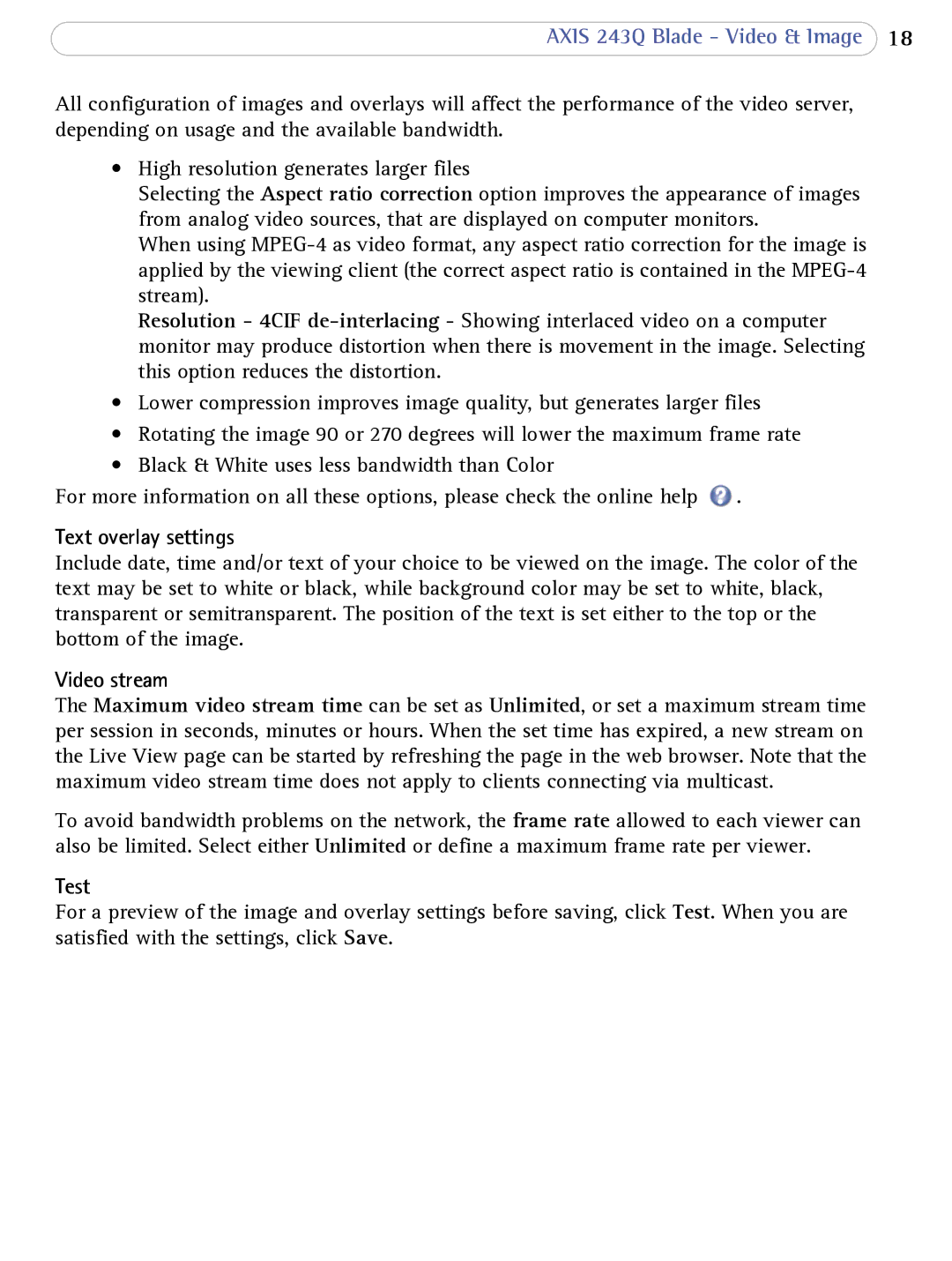 Axis Communications 243Q Blade user manual Text overlay settings, Video stream, Test 