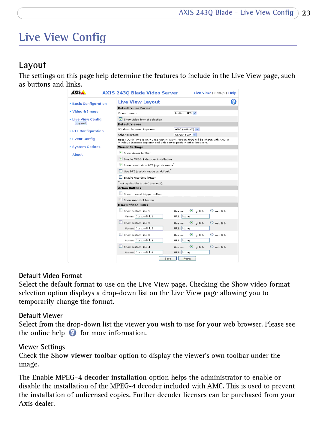 Axis Communications 243Q Blade user manual Live View Config, Layout, Default Video Format, Default Viewer, Viewer Settings 