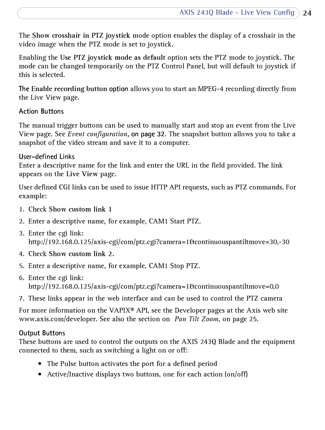 Axis Communications 243Q Blade user manual Action Buttons, User-defined Links, Check Show custom link, Output Buttons 