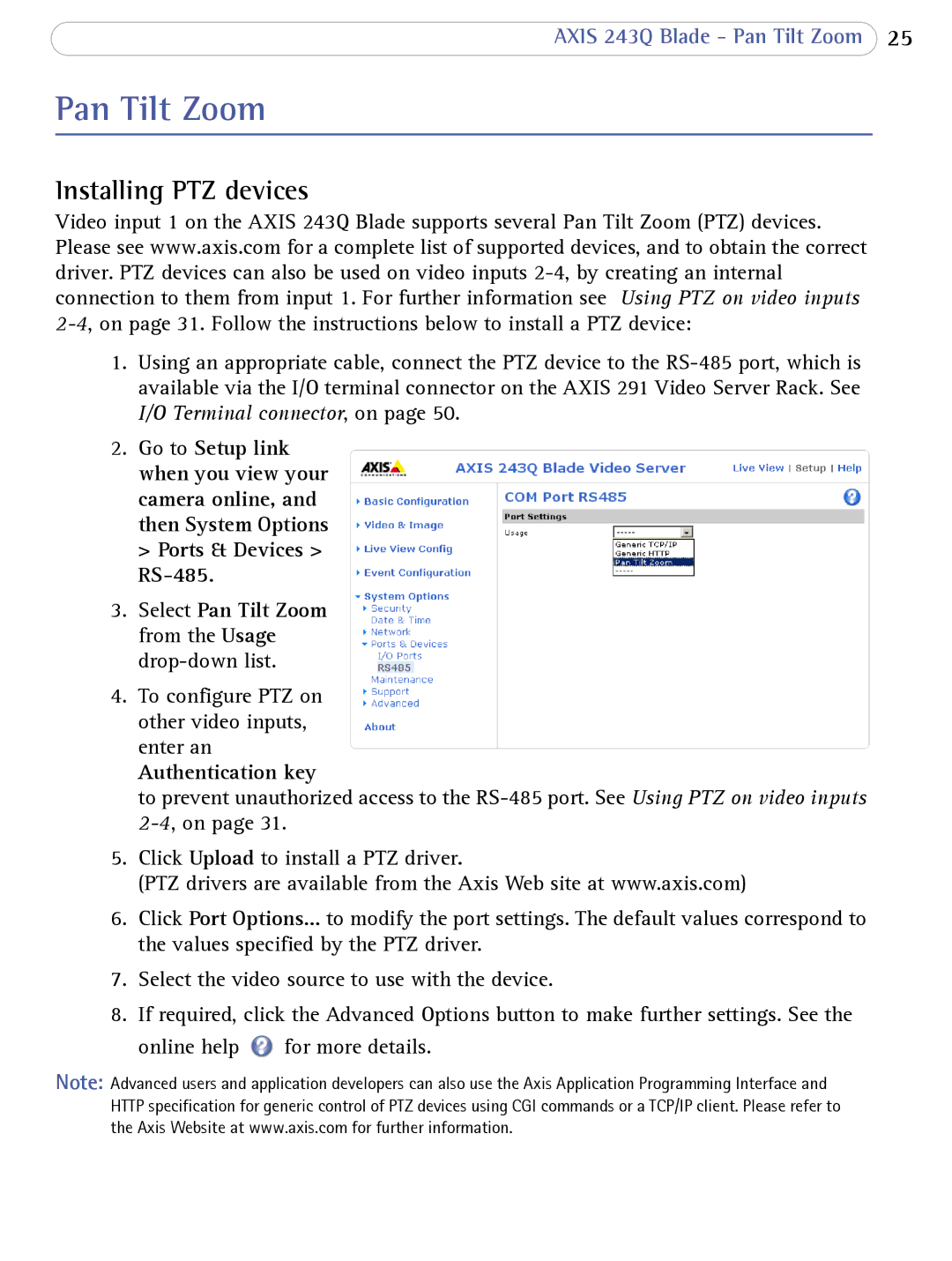 Axis Communications 243Q Blade user manual Pan Tilt Zoom, Installing PTZ devices, Authentication key 