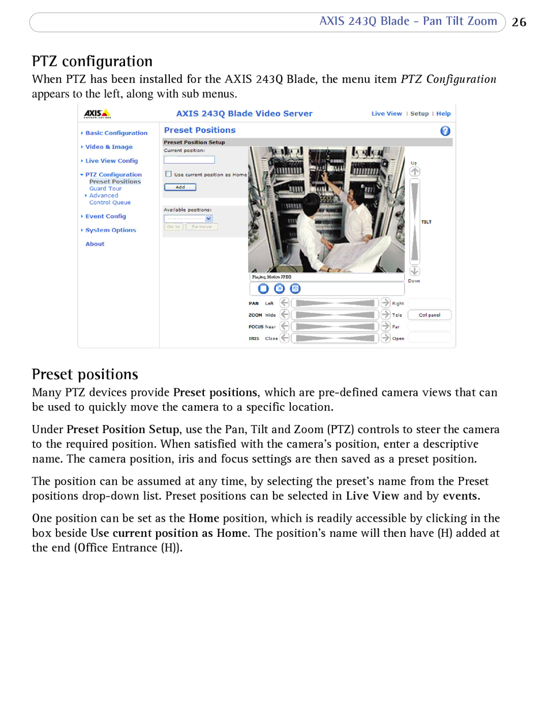 Axis Communications 243Q Blade user manual PTZ configuration, Preset positions 