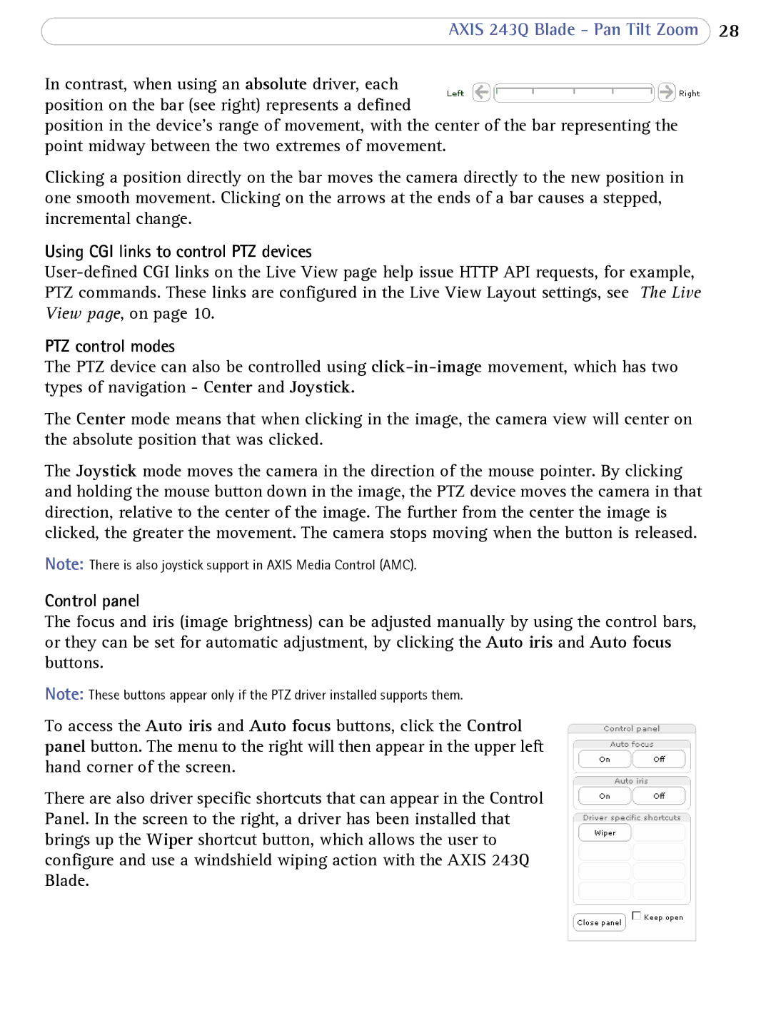 Axis Communications 243Q Blade user manual Using CGI links to control PTZ devices, PTZ control modes, Control panel 